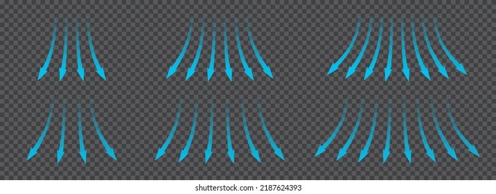 Air flow. Set of blue arrows showing direction of air movement. Wind direction arrows. Blue cold fresh stream from the conditioner. Vector illustration isolated on transparent background.