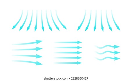 Flujo de aire. Conjunto de flechas azules que muestran la dirección del movimiento del aire. Flechas de dirección del viento. Corriente fresca de frío azul procedente del acondicionador. Ilustración vectorial aislada en fondo blanco.