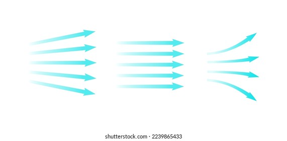 Air flow. Set of blue arrows showing direction of air movement. Wind direction arrows. Blue cold fresh stream from the conditioner. Vector illustration isolated on white background.