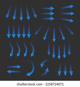 Air flow. Set of blue arrows showing direction of air movement. Wind direction arrows. Blue cold fresh stream from the conditioner. Vector illustration isolated on transparent background.