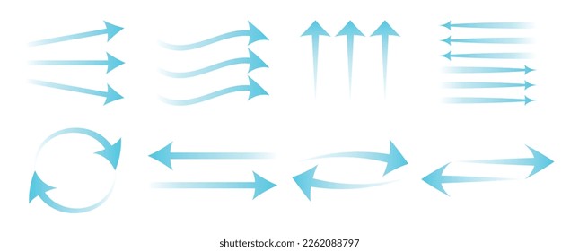 Air flow set. Blue arrows showing air. Vector illustration