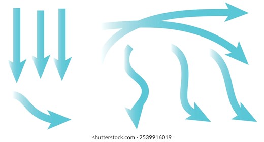 Flujo de aire. Conjunto de flechas azules que muestran la dirección del movimiento del aire. Flechas de dirección del viento. Corriente fresca y fría azul del acondicionador. Ilustración vectorial aislada sobre fondo blanco.