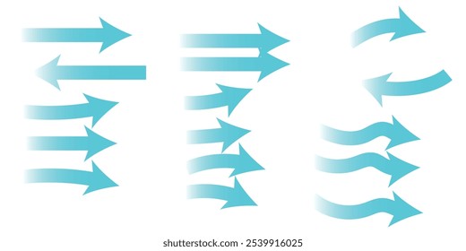 Luftstrom. Satz blauer Pfeile, die die Richtung der Luftbewegung anzeigen. Windrichtungspfeile. Blaue kalte frische Strom aus dem Conditioner. Vektorgrafik einzeln auf weißem Hintergrund.