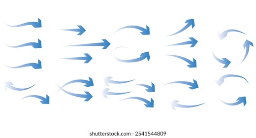 Air flow. Set of blue arrows showing direction of air movement. Wind direction arrows. Blue cold fresh stream from the conditioner. Vector illustration isolated on white background.