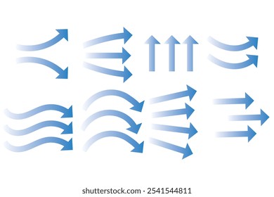 Fluxo de ar. Conjunto de setas azuis mostrando a direção do movimento do ar. Setas de direção do vento. Corrente fresca frio azul do condicionador. Ilustração vetorial isolada sobre fundo branco.