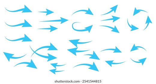 Air flow. Set of blue arrows showing direction of air movement. Wind direction arrows. Blue cold fresh stream from the conditioner. Vector illustration isolated on white background.