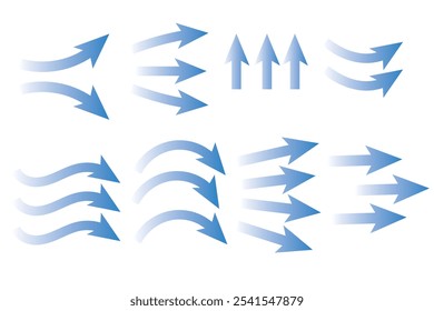 Air flow. Set of blue arrows showing direction of air movement. Wind direction arrows. Blue cold fresh stream from the conditioner. Vector illustration isolated on transparent background.