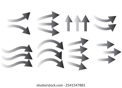 Air flow. Set of blue arrows showing direction of air movement. Wind direction arrows. Blue cold fresh stream from the conditioner. Vector illustration isolated on transparent background.