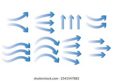 Fluxo de ar. Conjunto de setas azuis mostrando a direção do movimento do ar. Setas de direção do vento. Corrente fresca frio azul do condicionador. Ilustração vetorial isolada no plano de fundo transparente.