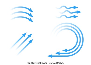 Air flow. Set of blue arrows showing direction of air movement. Wind direction arrows. Blue cold fresh stream from the conditioner.