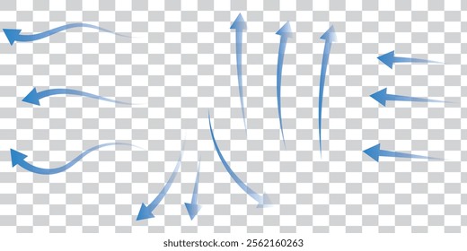 Air flow. Set of blue arrows showing direction of air movement. Wind direction arrows. Blue cold fresh stream from the conditioner. Vector illustration isolated on white background.