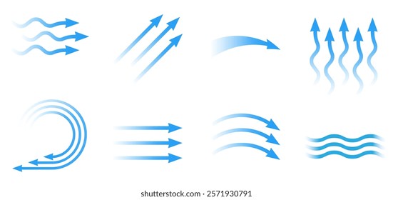 Air flow. Set of blue arrows showing direction of air movement. Wind direction arrows. Blue cold fresh stream from the conditioner.