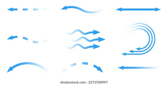 Air flow. Set of blue arrows showing direction of air movement. Wind direction arrows. Blue cold fresh stream from the conditioner.