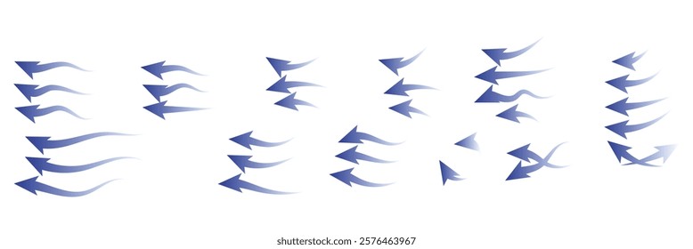 Air flow. Set of blue arrows showing direction of air movement. Wind direction arrows. Blue cold fresh stream from the conditioner. Vector illustration isolated on white background.