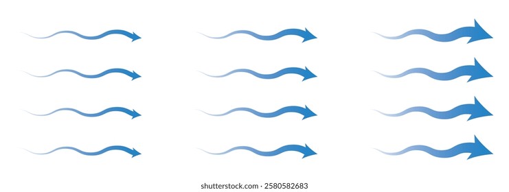 Air flow. Set of blue arrows showing direction of air movement. Wind direction arrows. Blue cold fresh stream from the conditioner. Vector illustration isolated on transparent background