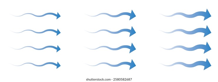 Air flow. Set of blue arrows showing direction of air movement. Wind direction arrows. Blue cold fresh stream from the conditioner. Vector illustration isolated on transparent background