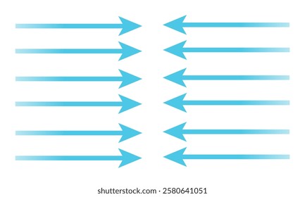 Air flow. Set of blue arrows showing direction of air movement sings. air and Wind direction arrows. Blue cold fresh stream from the conditioner. Vector illustration isolated on white background.eps10