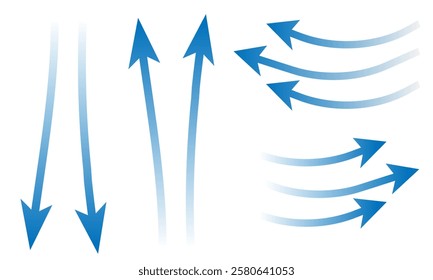 Air flow. Set of blue arrows showing direction of air movement sings. air and Wind direction arrows. Blue cold fresh stream from the conditioner. Vector illustration isolated on white background.eps10