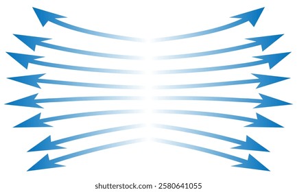 Air flow. Set of blue arrows showing direction of air movement sings. air and Wind direction arrows. Blue cold fresh stream from the conditioner. Vector illustration isolated on white background.eps10