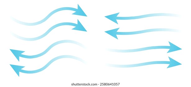 Air flow. Set of blue arrows showing direction of air movement sings. air and Wind direction arrows. Blue cold fresh stream from the conditioner. Vector illustration isolated on white background.eps10