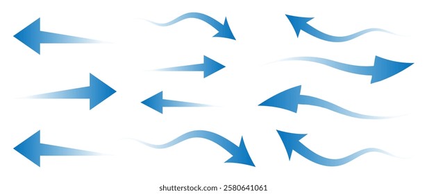 Air flow. Set of blue arrows showing direction of air movement sings. air and Wind direction arrows. Blue cold fresh stream from the conditioner. Vector illustration isolated on white background.eps10