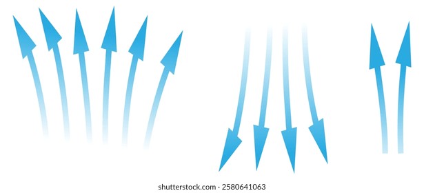 Air flow. Set of blue arrows showing direction of air movement sings. air and Wind direction arrows. Blue cold fresh stream from the conditioner. Vector illustration isolated on white background.eps10