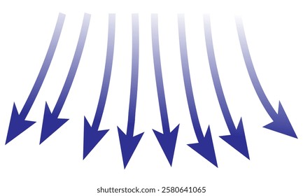 Air flow. Set of blue arrows showing direction of air movement sings. air and Wind direction arrows. Blue cold fresh stream from the conditioner. Vector illustration isolated on white background.eps10