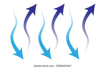 Air flow. Set of blue arrows showing direction of air movement sings. air and Wind direction arrows. Blue cold fresh stream from the conditioner. Vector illustration isolated on white background.eps10