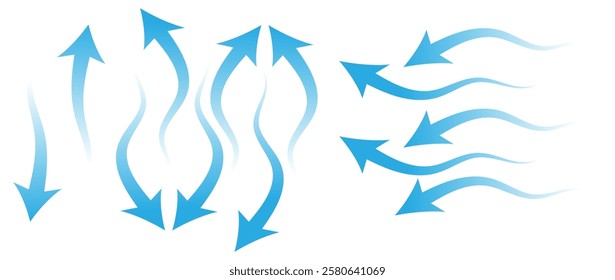 Air flow. Set of blue arrows showing direction of air movement sings. air and Wind direction arrows. Blue cold fresh stream from the conditioner. Vector illustration isolated on white background.eps10