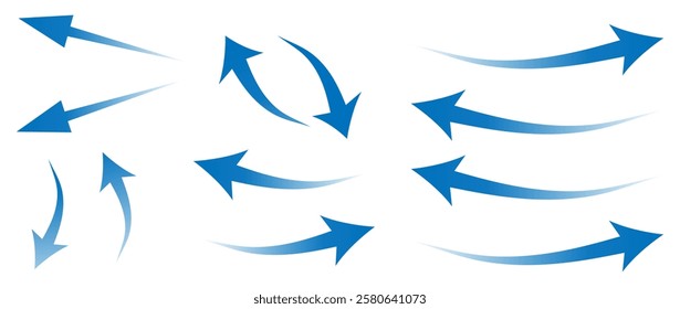 Air flow. Set of blue arrows showing direction of air movement sings. air and Wind direction arrows. Blue cold fresh stream from the conditioner. Vector illustration isolated on white background.eps10