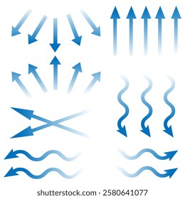 Air flow. Set of blue arrows showing direction of air movement sings. air and Wind direction arrows. Blue cold fresh stream from the conditioner. Vector illustration isolated on white background.eps10