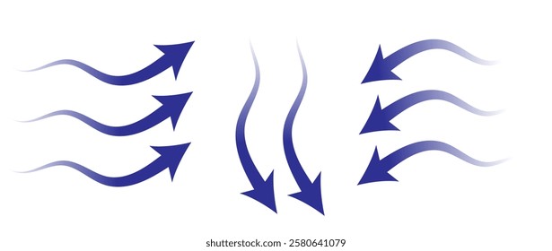 Air flow. Set of blue arrows showing direction of air movement sings. air and Wind direction arrows. Blue cold fresh stream from the conditioner. Vector illustration isolated on white background.eps10