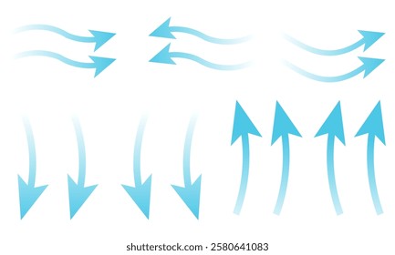 Air flow. Set of blue arrows showing direction of air movement sings. air and Wind direction arrows. Blue cold fresh stream from the conditioner. Vector illustration isolated on white background.eps10