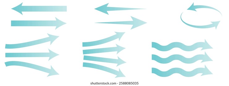 Air flow. Set of blue arrows showing direction of air movement. Wind direction arrows. Blue cold fresh stream from the conditioner. Vector illustration isolated on white background.