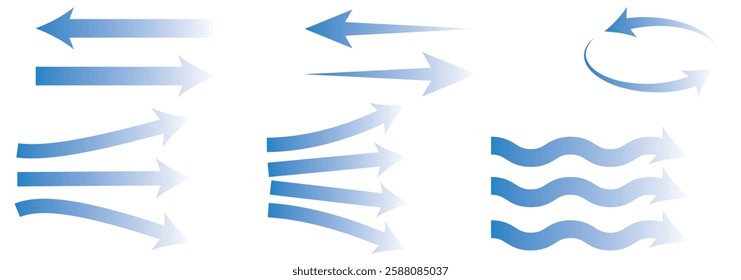 Air flow. Set of blue arrows showing direction of air movement. Wind direction arrows. Blue cold fresh stream from the conditioner. Vector illustration isolated on white background.