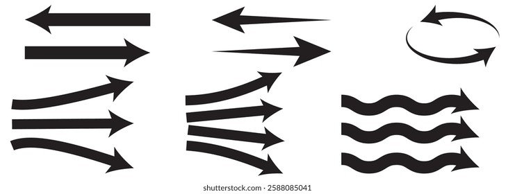 Air flow. Set of blue arrows showing direction of air movement. Wind direction arrows. Blue cold fresh stream from the conditioner. Vector illustration isolated on white background.