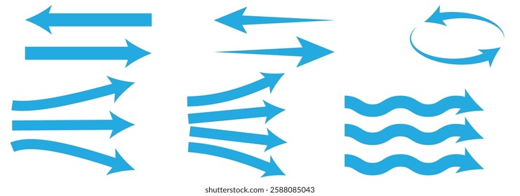 Air flow. Set of blue arrows showing direction of air movement. Wind direction arrows. Blue cold fresh stream from the conditioner. Vector illustration isolated on white background.