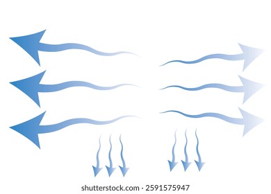 Air flow. Set of blue arrows showing direction of air movement. Wind direction arrows. Blue cold fresh stream from the conditioner. Vector illustration isolated on white background.