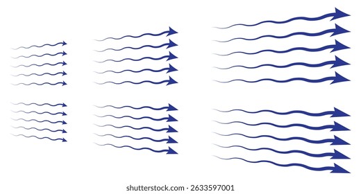 Air flow. Set of blue arrows showing direction of air movement. Wind direction arrows. Vector illustration isolated on white background.