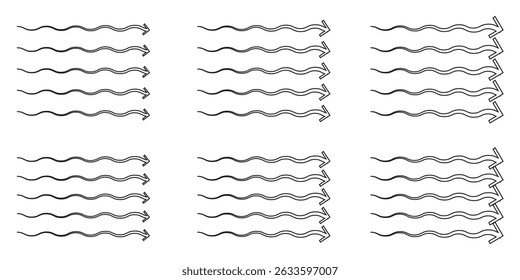 Air flow. Set of blue arrows showing direction of air movement. Wind direction arrows. Vector illustration isolated on white background.