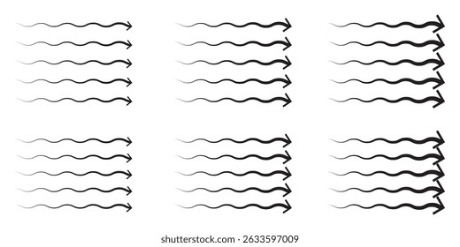 Air flow. Set of blue arrows showing direction of air movement. Wind direction arrows. Vector illustration isolated on white background.