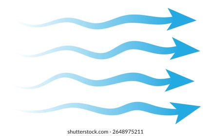 Air flow. Set of blue arrows showing direction of air movement. Wind direction arrows. Blue cold fresh stream from the conditioner. Vector illustration isolated on white background