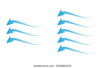 Fluxo de ar. Conjunto de setas azuis mostrando a direção do movimento do ar. Setas de direção do vento. Corrente fresca frio azul do condicionador. Ilustração vetorial isolada sobre fundo branco.  EPS 10 