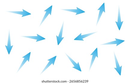 Fluxo de ar. Conjunto de setas azuis mostrando a direção do movimento do ar. Setas de direção do vento. Corrente fresca frio azul do condicionador. Ilustração vetorial isolada sobre fundo branco.  EPS 10 