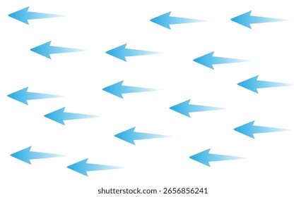 Air flow. Set of blue arrows showing direction of air movement. Wind direction arrows. Blue cold fresh stream from the conditioner. Vector illustration isolated on white background.  EPS 10 . 