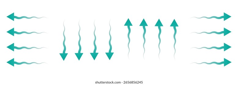 Fluxo de ar. Conjunto de setas azuis mostrando a direção do movimento do ar. Setas de direção do vento. Corrente fresca frio azul do condicionador. Ilustração vetorial isolada sobre fundo branco.  EPS 10 