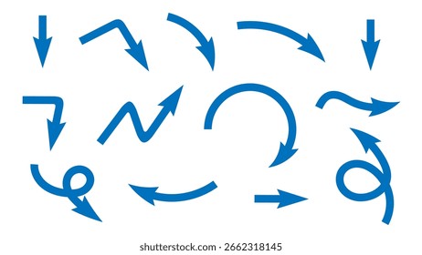 Flujo de aire. Conjunto de flechas azules que muestran la dirección del movimiento del aire. Flechas de dirección del viento. Corriente fresca y fría azul del acondicionador.