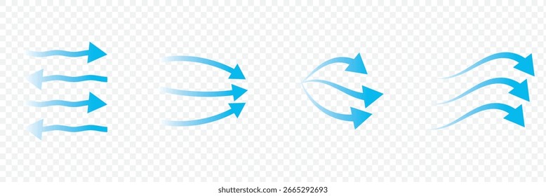 Luftdurchsatz-Set. Blaue Pfeile zeigen Luft. Satz blauer Pfeile, die den Windluftstrom anzeigen. Blaue Luftstrompfeile, die die Windzirkulation und die Belüftung zeigen. 10 EPS 