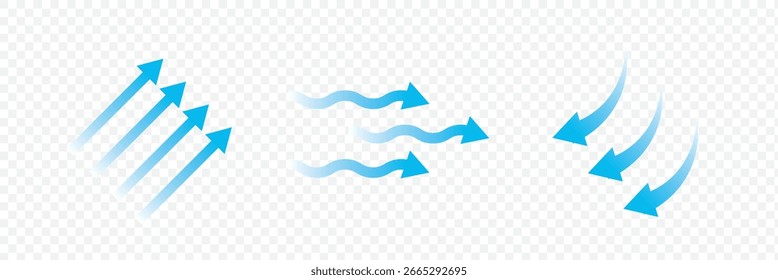 Luftdurchsatz-Set. Blaue Pfeile zeigen Luft. Satz blauer Pfeile, die den Windluftstrom anzeigen. Blaue Luftstrompfeile, die die Windzirkulation und die Belüftung zeigen. 10 EPS 