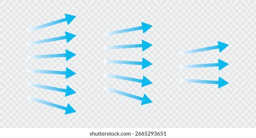 Air flow. Set of blue arrows showing direction of air movement. Wind direction arrows. Vector set of air flow arrows. Blue air flow arrows showing wind circulation and ventilation. 